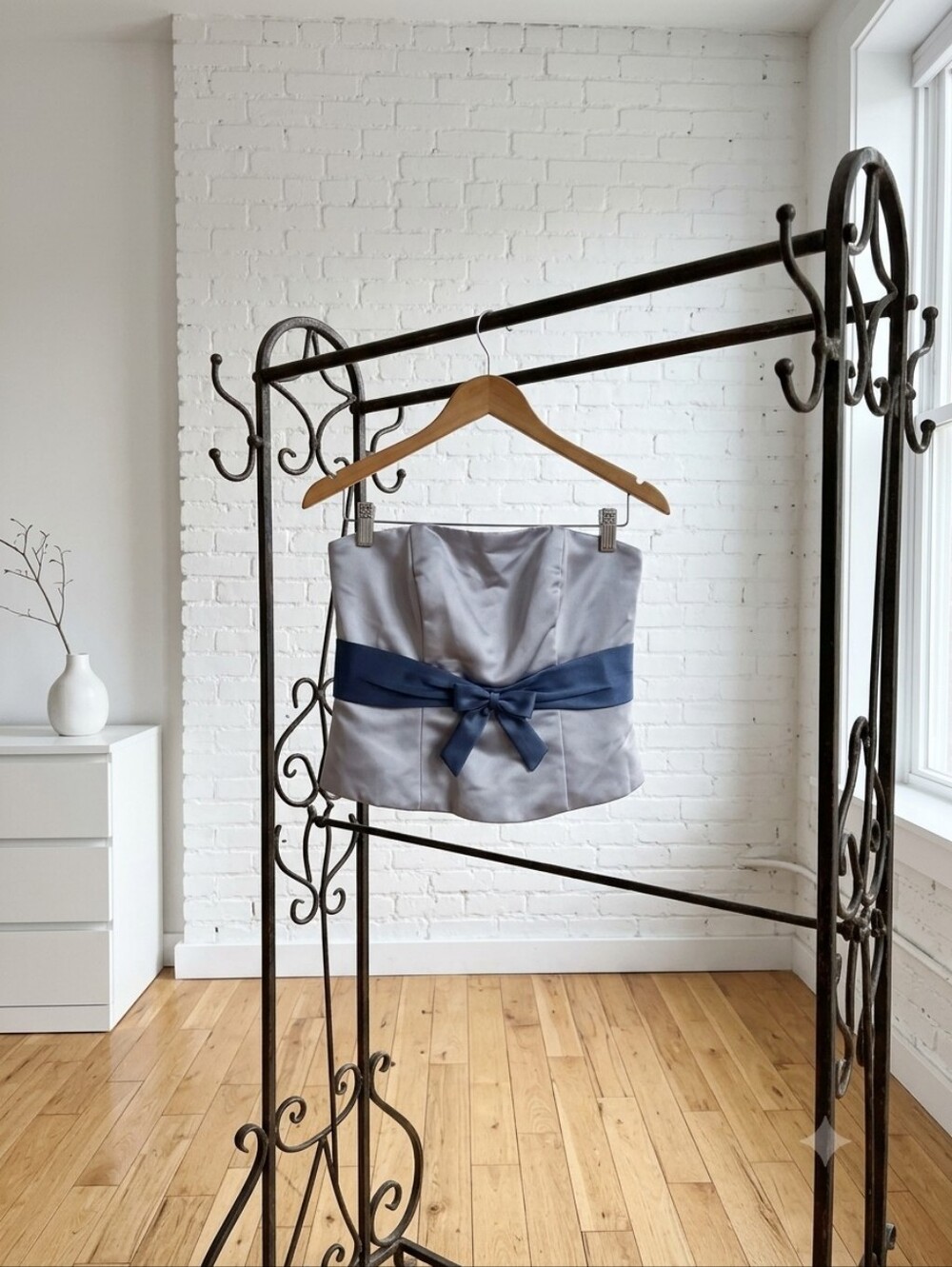 Alfred Angelo Silver Satin Strapless Top with Navy Bow